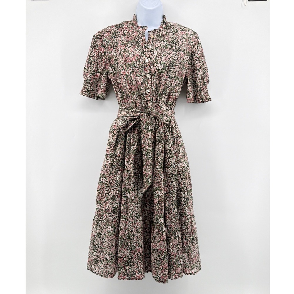 Downeast Floral Midi Shirtdress M Cotton Modest Tie Waist Tiered Pockets Cottage
